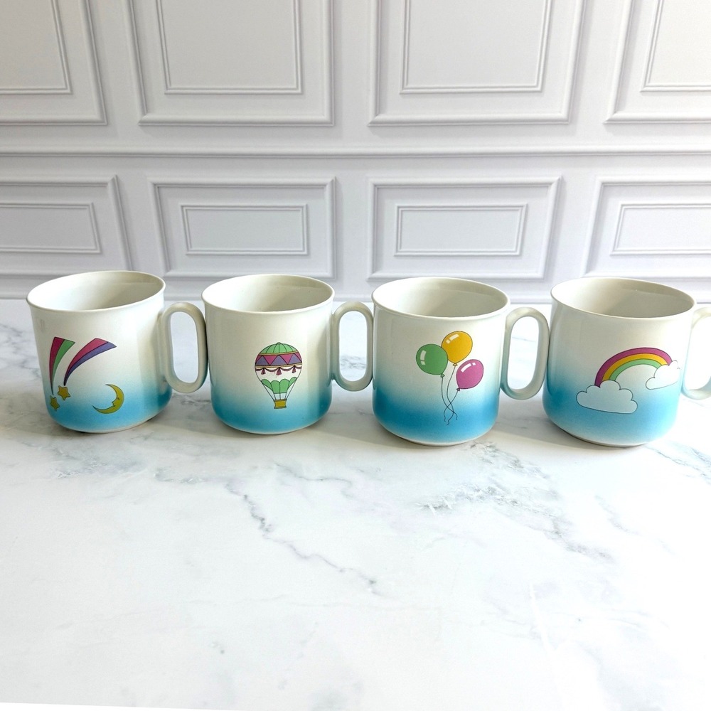 VTG Otagiri RARE Set of 4 Whimsical Mugs Hot Air‎ Balloon Shooting Star Rainbow